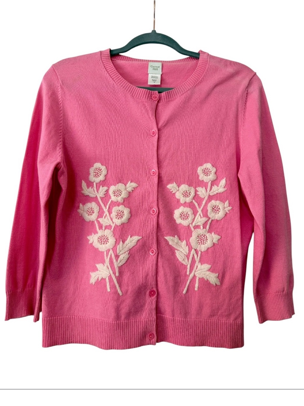 Garnet Hill Cardigan Cotton Sweater Pink White Embroidered Floral Womens Size M